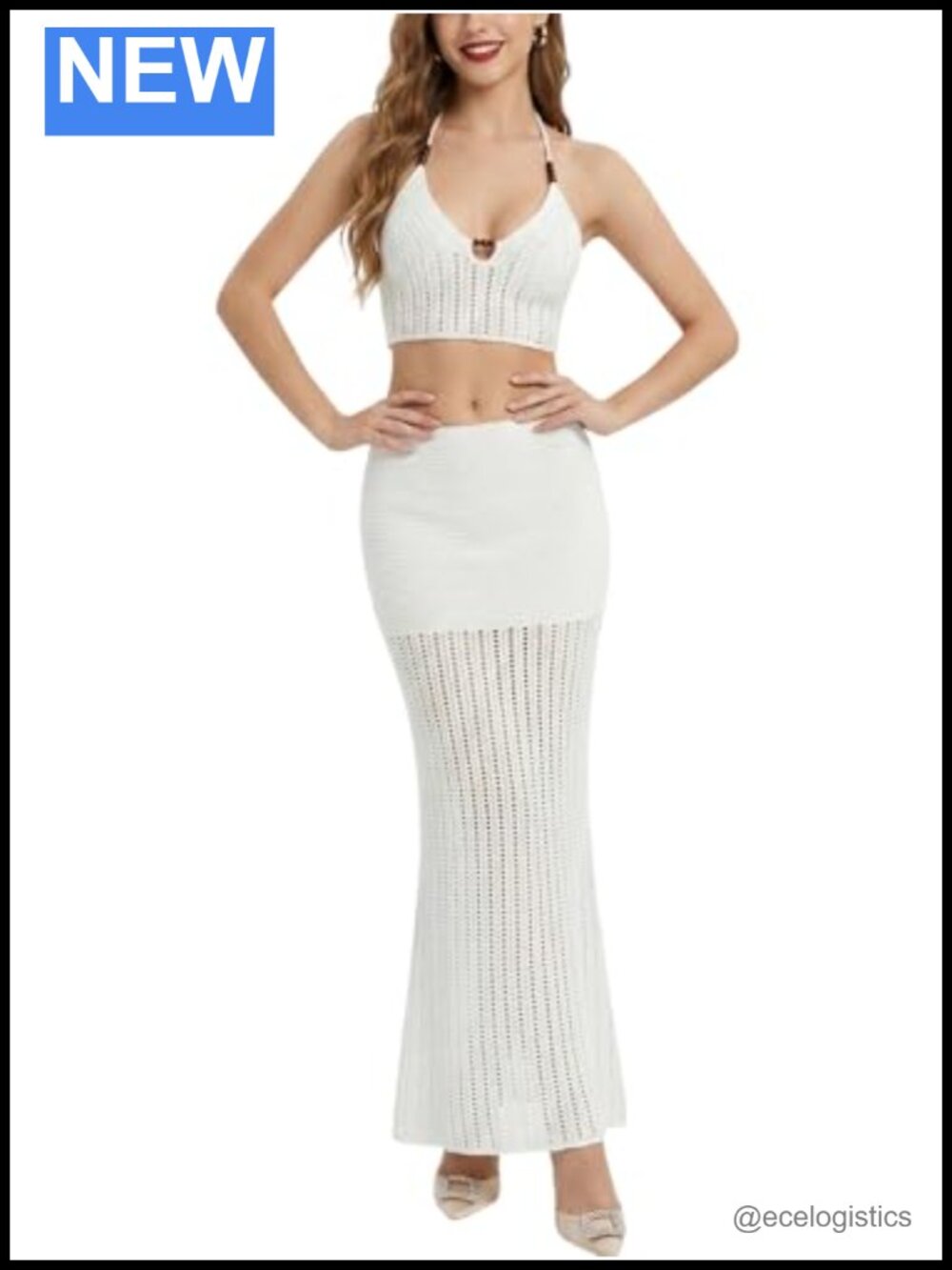 Semi Sheer Mesh Faux Pearl Push Up Bustier Top Ruched Maxi Skirt Set